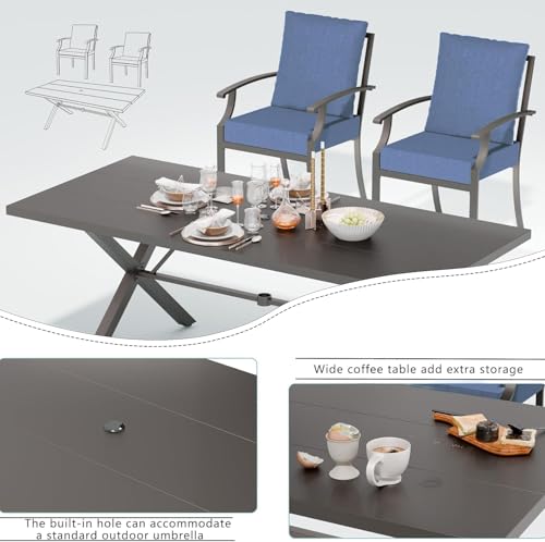 ASJMR 7 Piece Outdoor Dining Set for 6, Metal Patio Table and Chairs with Cushions, Patio Furniture Set with 2 Swivel Chairs, Rectangular Patio Dining Table with Umbrella Hole, Lawn Deck, Yard, Navy