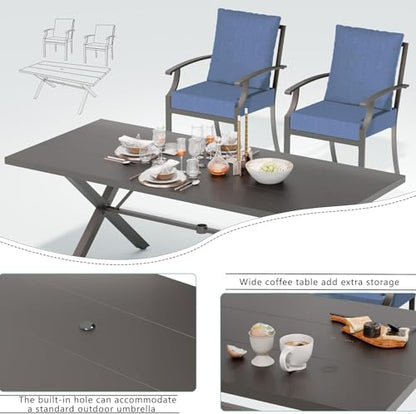 ASJMR 7 Piece Outdoor Dining Set for 6, Metal Patio Table and Chairs with Cushions, Patio Furniture Set with 2 Swivel Chairs, Rectangular Patio Dining Table with Umbrella Hole, Lawn Deck, Yard, Navy