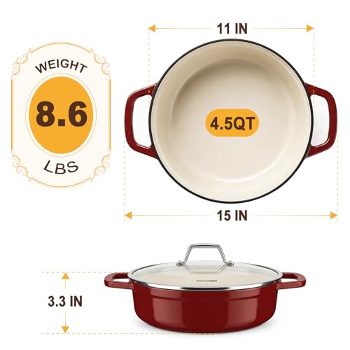Lightweight Enameled Cast Iron Braiser - 4.5QT Braiser Pan with Glass Lid, Shallow Dutch Oven for Braising, Simmering