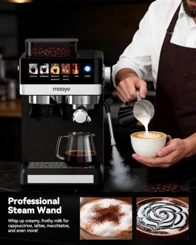 Mooye Espresso Machine with Grinder, 20 Bar Coffee Maker with Milk Frother