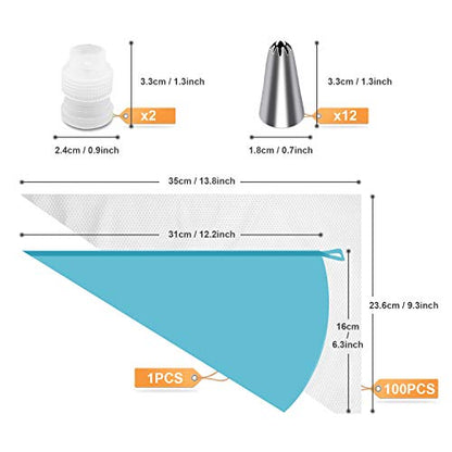 Tamodan Piping Bags and Tips, Cake Piping Bags and Tips Suitable for Beginners Included 100PCS 16 Inch Disposable Piping Bags with 12 Piping Tips Set, 2 Coupler and 1 Reusable Pastry Bags