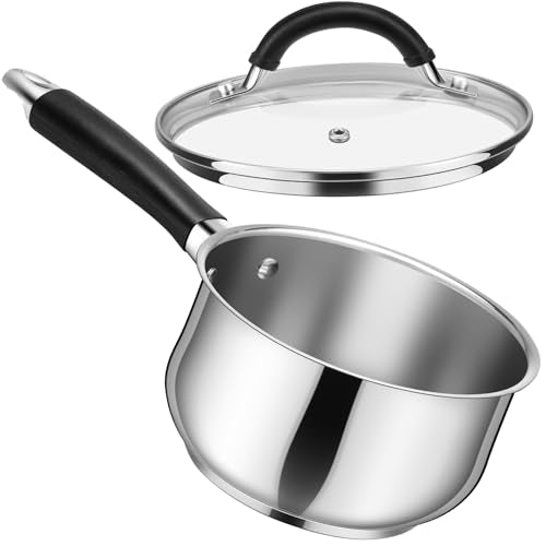 P&P CHEF 3 Quart Sauce Pan with Lid, Stainless Steel Saucepan, Small Milk Pot for Multipurpose Cooking, Visible Glass Lid & Stay-cool Silicone Handle & Tri-Ply Base, For All Stoves & Dishwasher Use