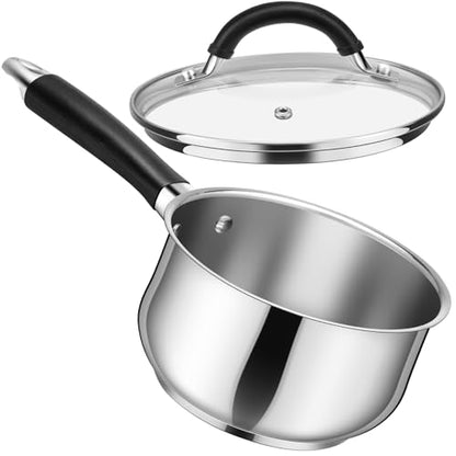 P&P CHEF 3 Quart Sauce Pan with Lid, Stainless Steel Saucepan, Small Milk Pot for Multipurpose Cooking, Visible Glass Lid & Stay-cool Silicone Handle & Tri-Ply Base, For All Stoves & Dishwasher Use