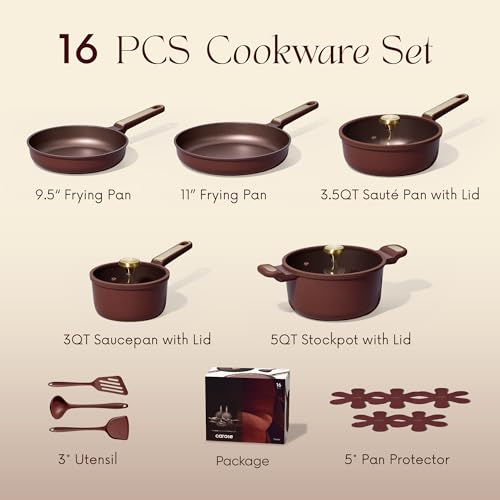 CAROTE Pots and Pans Set Nonstick, 16pcs Cookware Set Nonstick Non-Toxic & PFOA&PFOS-Free, Dishwasher, RV/Camping Cookware Set, Cooking Pots with Lids,Wine Red