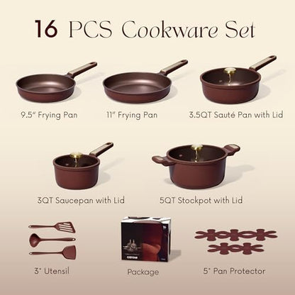 CAROTE Pots and Pans Set Nonstick, 16pcs Cookware Set Nonstick Non-Toxic & PFOA&PFOS-Free, Dishwasher, RV/Camping Cookware Set, Cooking Pots with Lids,Wine Red