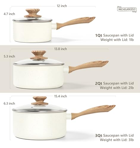MICHELANGELO 3 Quart Saucepan with Lid, Nonstick Sauce Pan, Small Sauce Pot with Granite Coatings, Bakelite Handle, Dishwasher-Safe, White