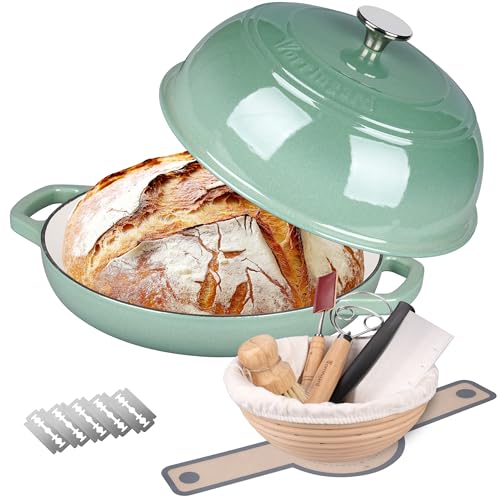 VORRINGARD Enameled Cast Iron Dutch Oven Pot with Lid, Bread Oven for Sourdough Bread Baking, Dutch Ovens with Bread Proofing Basket& Baking Supplies Set, 6 Quart, Sage Green
