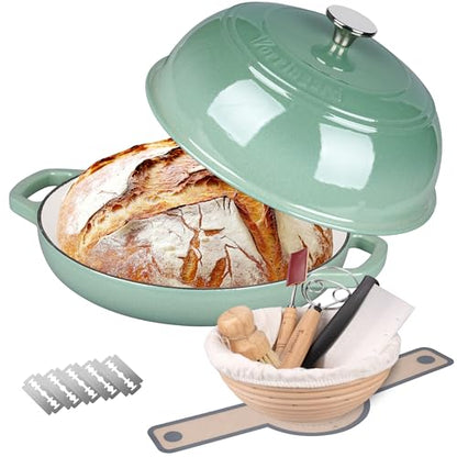 VORRINGARD Enameled Cast Iron Dutch Oven Pot with Lid, Bread Oven for Sourdough Bread Baking, Dutch Ovens with Bread Proofing Basket& Baking Supplies Set, 6 Quart, Sage Green