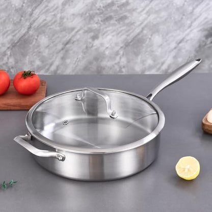 Inqibee 3 Quarts Tri-Ply Stainless Steel Sauté Pan with Lid, 10 inch Induction Cookware Deep Frying Pan Cooking Skillet, Induction Compatible, All Cooktops, Dishwasher and Oven Safe