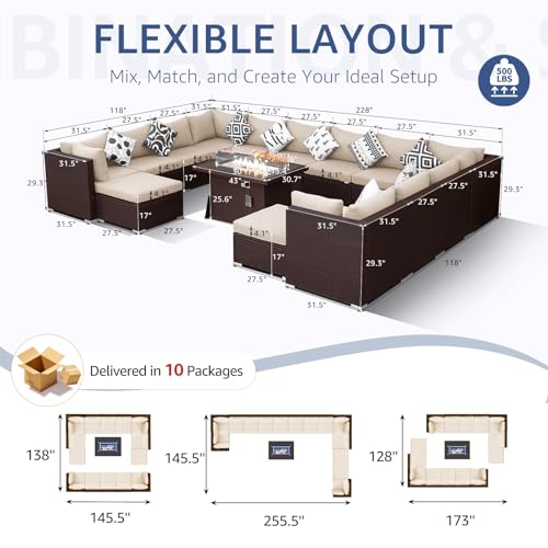 NICESOUL 15 Piece Outdoor Sectional with Fire Pit Table, Modern Luxury Patio Deep Seating w/Firepit, 29.3'' High-Back Wicker Couch Thick, Big High-Weight Capacity Sofa for Garden, Yard, Brown & Beige