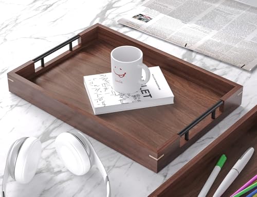 Fibogollo Walnut Wood Serving Tray with Metal Handles,17x12in Ottoman Decorative Trays Platter for Coffee Table,Living Room,Bar(Large)