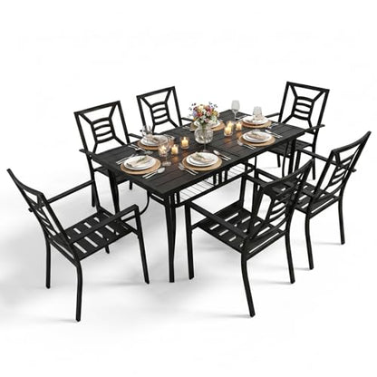 7 Piece Patio Dining Set 60" Rectangular Metal Table & 6 Stackable Chairs