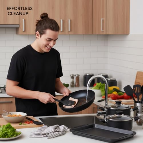 NutriChef Nonstick Cookware Set, 20-Piece Premium Kitchen Cookware Set with Pots, Pans, Bakeware & Utensils, Non Stick Pots and Pans Compatible with Gas, Electric, Ceramic & Induction Cooktops (Black)