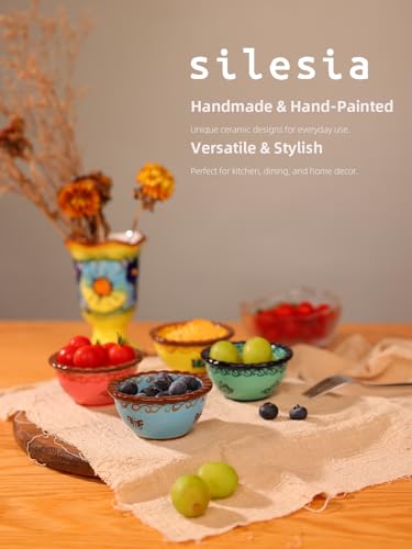 Handmade 3 oz Ramekins, silesia Ceramic Creme Brulee Pudding Cups Set of 4 - Hand Painted Small Sauce Bowl for Kitchen in Gift Box, Microwave & Dishwasher Safe, 3.5 inch, Assorted Glazed
