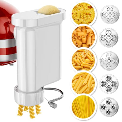 5-in-1 Pasta Press Attachment Compatible with KitchenAid Stand Mixers,Pasta Maker Accessory with 5 Interchangeable Plates for Spaghetti,Bucatini,Fusilli,Large&Small Macaroni,Homemade Pasta Extruder