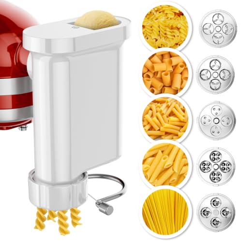 5-in-1 Pasta Press Attachment Compatible with KitchenAid Stand Mixers,Pasta Maker Accessory with 5 Interchangeable Plates for Spaghetti,Bucatini,Fusilli,Large&Small Macaroni,Homemade Pasta Extruder
