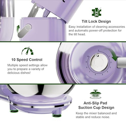 Camic Electric Stand Mixer,7.45 QT,10 Speeds with Dough Hook,Whisk, Flat Beater Attachments, Splash Guard, Easy-Carry Top Handle,3-IN-1 Kitchen Mixer for Baking Cakes Cookie Bread Salad (Purple)
