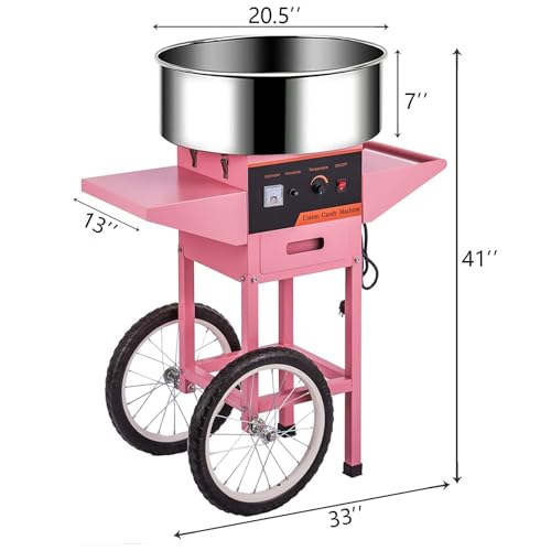 Commercial Cotton Candy Machine, Professional Candy Floss Maker, for Home, Kids Birthday, Family Party (Pink, With Cart)