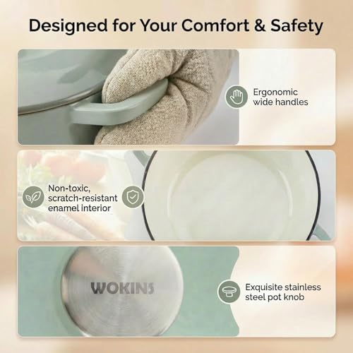 WOKINS 7QT Enamel Cast Iron Dutch Oven with Lid,Dual Handles,Versatile Heavy-Duty Non-toxic Cookware for Sourdough Bread Baking,Braising,Stews,Roasting,Oven Safe up to 500°F green