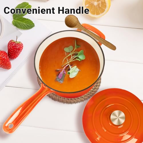 Enameled Cast Iron Sauce Pan, 2 Quarts Round Sauce Pot with Lid, Mini Dutch Oven Enamel Saucepan for Cooking Pasta Sauce, Marinate, Cook, Refrigerate and Serve, Flame Orange