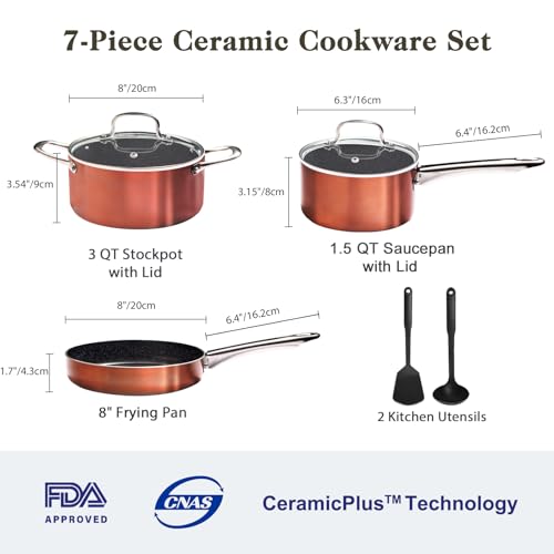 M MELENTA Pots and Pans Set Non Stick, 7 Piece Ceramic Cookware Set, Non Toxic Kitchen Induction Cookware Sets, Pots and Pans Cooking Set with Oven Safe Handle, 100% PFOA Free, Copper