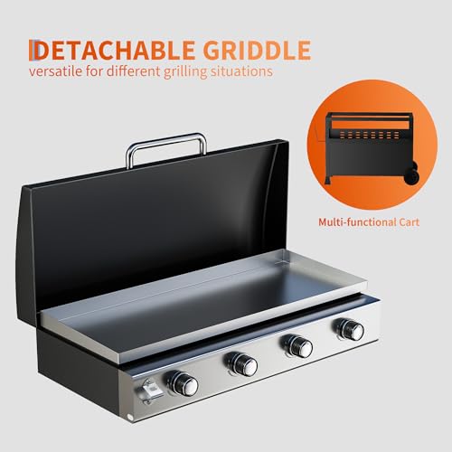 Grills 4 Burner Propane Gas Grill 32,000 BTU Stainless Steel Outdoor Patio Barbecue Grill Propane Gas Griddle with Removable Cart Portable Griddle for Outdoor Cooking, BBQ Camping, Backyard