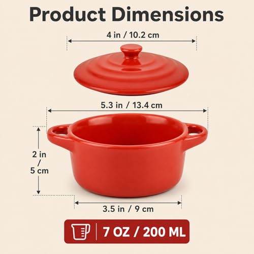 RHBLME 6 Pack French Onion Soup Bowls, 7 Oz Ramekins Oven Safe Mini Cocotte, Red Ramekins with Lids Oven Safe Soup Bowls for Creme Brulee, Pot Pie, Lava Cakes, Pumpkin Soup