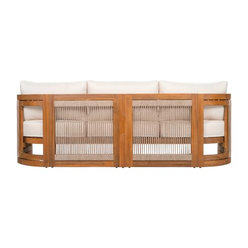 Christopher Knight Home Nylan 7-Seater Patio Furniture Set with Removable Cushion, 5 Piece Outdoor Acacia Wood Conversation Set, Solid Wood Outdoor Sectional Sofa Set with Coffee Table, Teak+Beige
