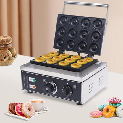 Rocoreny Mini Donut Maker, Pancakes Maker Machine,1550W Electric Commercial Waffle Donut Machine Double-Sided Heating 50-300℃ Non-Stick Coating For Professional Kitchen, Bakery, Dessert Shop (12Holes)