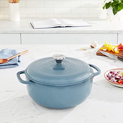 Lodge Essential Enamel Cast Iron Dutch Oven with Lid 7.5 Quart - Oven-Safe Enamel Cookware up to 500° F - Heat-Retaining Braising & Roasting Pot - Non-Toxic Cookware - Storm Blue