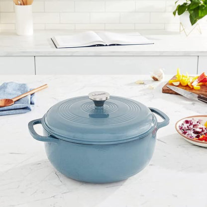 Lodge Essential Enamel Cast Iron Dutch Oven with Lid 7.5 Quart - Oven-Safe Enamel Cookware up to 500° F - Heat-Retaining Braising & Roasting Pot - Non-Toxic Cookware - Storm Blue