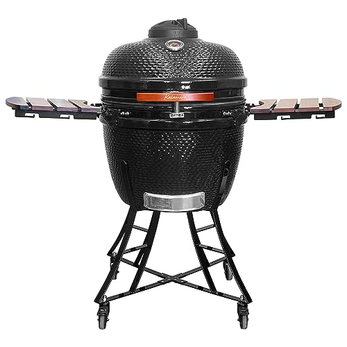 Kalamera 24” Ultimate Outdoor Ceramic Grill Kamado with Cart and Side-wings Black
