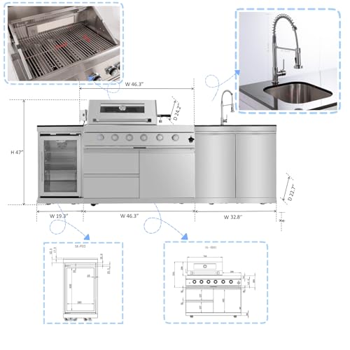 98.4 Inch Outdoor Kitchen Island, 72000 BTU Modular Propane Gas Grill Combination With Refrigerator and Sink, Outdoor Stainless Steel Barbecue Bar, Propane Grill for Patios, Gardens, Parties