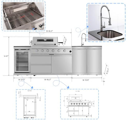 98.4 Inch Outdoor Kitchen Island, 72000 BTU Modular Propane Gas Grill Combination With Refrigerator and Sink, Outdoor Stainless Steel Barbecue Bar, Propane Grill for Patios, Gardens, Parties