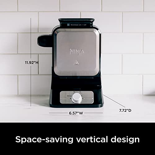 Ninja Belgian Waffle Maker Pro | Vertical Design | 5 Shade Settings with Precision-Pour Cup & Chef-curated Recipe Guide | Black & Silver | BW1001