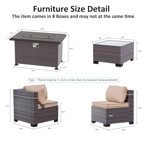 ASJMR Outdoor Patio Furniture Set with Fire Pit Table, 15 Pieces Outdoor Furniture Set Patio Sectional Sofa w/43in Propane Fire Pit, PE Wicker Rattan Patio Conversation Sets - Brown