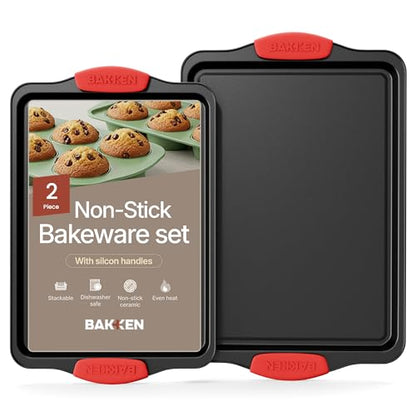 BAKKEN Kitchen Baking Pans - Medium (15.15 × 10.03") and Large (17.1 x 11.8") Nonstick Sheets, Carbon Steel Cookie Sheets with Red Silicone Handles, PFOA, PFOS, PTFE Free, Oven Safe (450°F), Set of 2