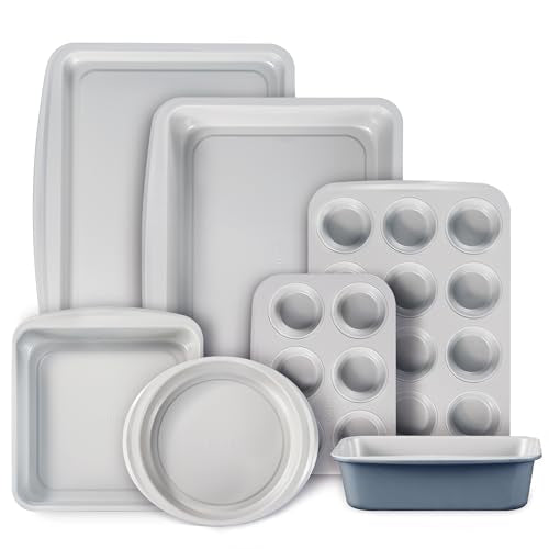CAROTE 7-Piece Nonstick Stackable Baking Pans Set - Bakeware Sets Including Cookie Sheets for Baking, Muffin Pan, Bread Pan, Cake pan, Loaf Pan, Roasting Pan, Gray & Blue