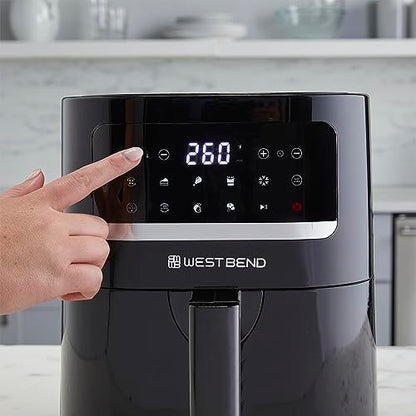 West Bend Compact Air Fryer 5-Quart Capacity with Digital Controls LCD Display and 10 Cooking Presets with Shake Reminder, Nonstick Frying Basket, 1500-Watts, Black