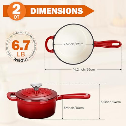 Homikit Small Sauce Pan with Lid, 2QT Enameled Cast Iron Saucepan, Enamel Cast Iron Sauce Cooking Pot Dutch Oven Kitchen Cookware for Making Pasta, Boiling Soup, Warming Milk, Red