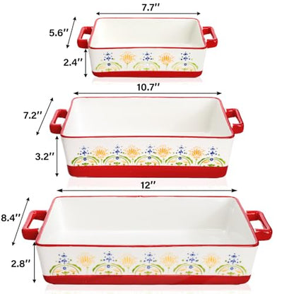 WRINGKIT Set of 3 Ceramic Baking Dishes, Rectangular Casserole Dish for Oven, Ceramic Bakeware Lasagna Pan Deep with Handles for Cooking, Baking, Wedding Gift, 3 Sizes (12''/10.7''/7.7''), Red