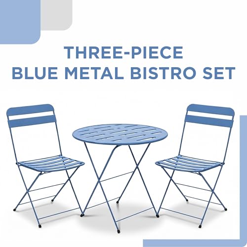 Alpine Corporation VTFAM168A-BL 3-Piece Blue Metal Folding Bistro Set – 20" Round Patio Table with 2 Folding Chairs – Portable Indoor/Outdoor Balcony & Garden Furniture Set