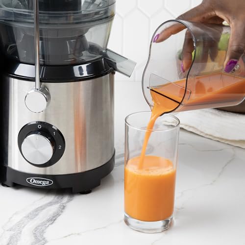 Omega Centrifugal Juicer with 3-Inch Wide Chute High Speed Extractor For Fruits and Vegetables, Features 2 Speeds Stainless Steel Filter and Large Pulp Container, 1000-Watts, Black