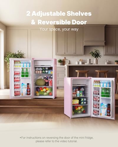 Upstreman 3.2 Cu.Ft Mini Fridge with Freezer, Single Door Compact Refrigerator, Adjustable Thermostat, Small Refrigerator for Dorm, Bedroom, Office, Pink-BR321