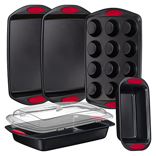 NutriChef 6-Piece Baking Pan Set - Carbon Steel Stackable Bakeware with Red Silicone Handles & Nonstick Coating, Includes Cookie Sheets, Roaster Pan with Lid, Loaf Pan, and 12 Cup Muffin Pan (Black)