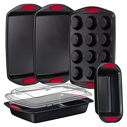 NutriChef 6-Piece Baking Pan Set - Carbon Steel Stackable Bakeware with Red Silicone Handles & Nonstick Coating, Includes Cookie Sheets, Roaster Pan with Lid, Loaf Pan, and 12 Cup Muffin Pan (Black)