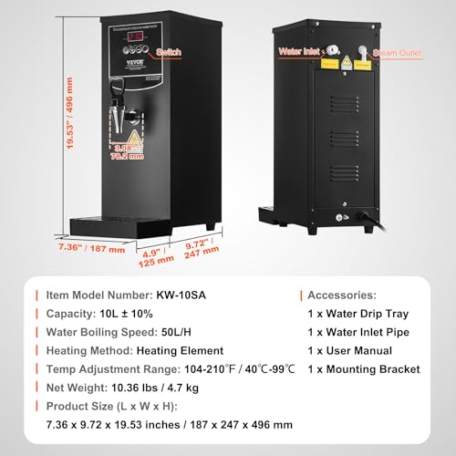 VEVOR Commercial Water Boiler, 10L Electric Hot Water Dispenser with 316 Stainless Steel Heating Tube, 1500W Step-by-step Fast Heating 50L/H Hot Water Boiler, for Coffee Tea Restaurant Office