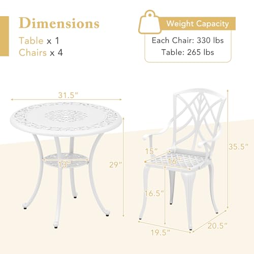 Tangkula 5 Pieces Cast Aluminum Outdoor Dining Set, Round Dining Table with 2” Umbrella Hole & 4 Armchairs, All-Weather Outdoor Furniture Set for Patio, Balcony, Garden & Backyard, White