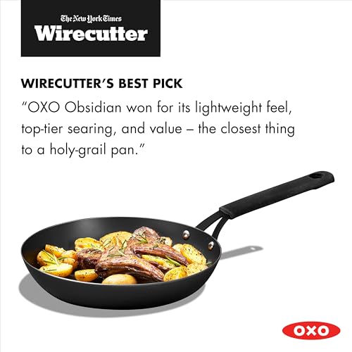 OXO Obsidian 10" Carbon Steel Frying Pan, Pre-Seasoned Skillet, Builds Natural Nonstick with Use, Induction Ready, Oven Safe, Removable Silicone Handle