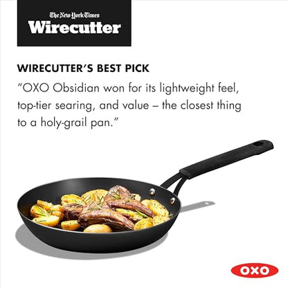 OXO Obsidian 10" Carbon Steel Frying Pan, Pre-Seasoned Skillet, Builds Natural Nonstick with Use, Induction Ready, Oven Safe, Removable Silicone Handle